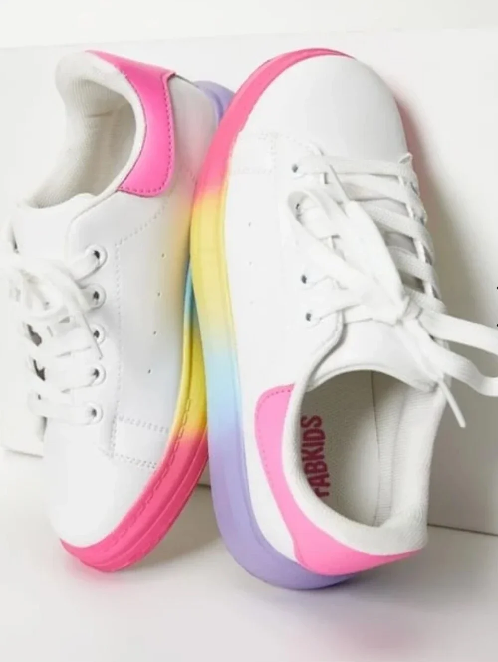 NWOT Kids White Sneakers with Pink Heel and Rainbow Sole, Size 7T